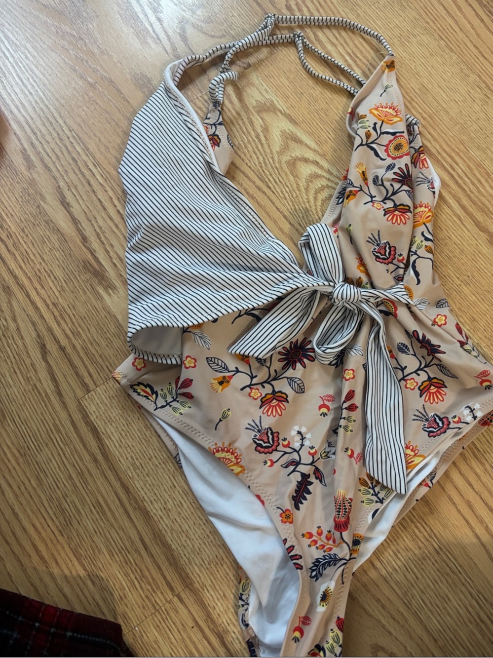 Cupshe Beige One-Piece Swimsuit with Red, Yellow & Navy Floral Print